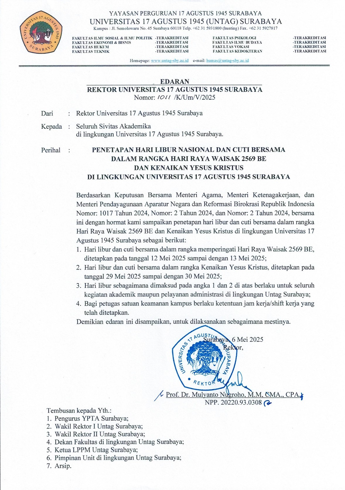 Edaran Penetapan Hari Libur Nasional dan Cuti Bersama dalam Rangka Hari Raya Waisak dan Kenaikan Yesus Kristus