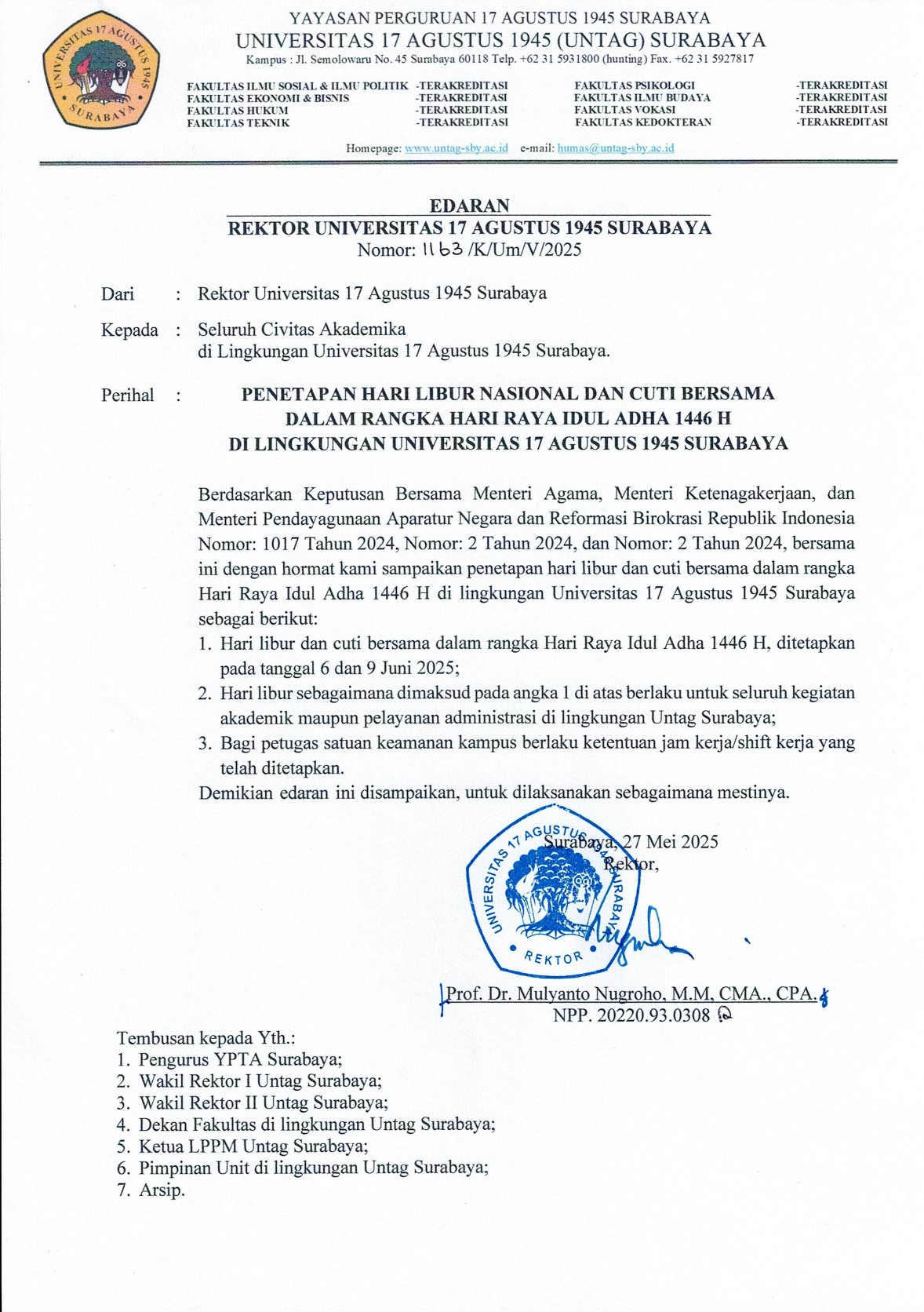 Edaran Penetapan Hari Libur Nasional dan Cuti Bersama dalam Rangka Hari Raya Idul Adha 1446H