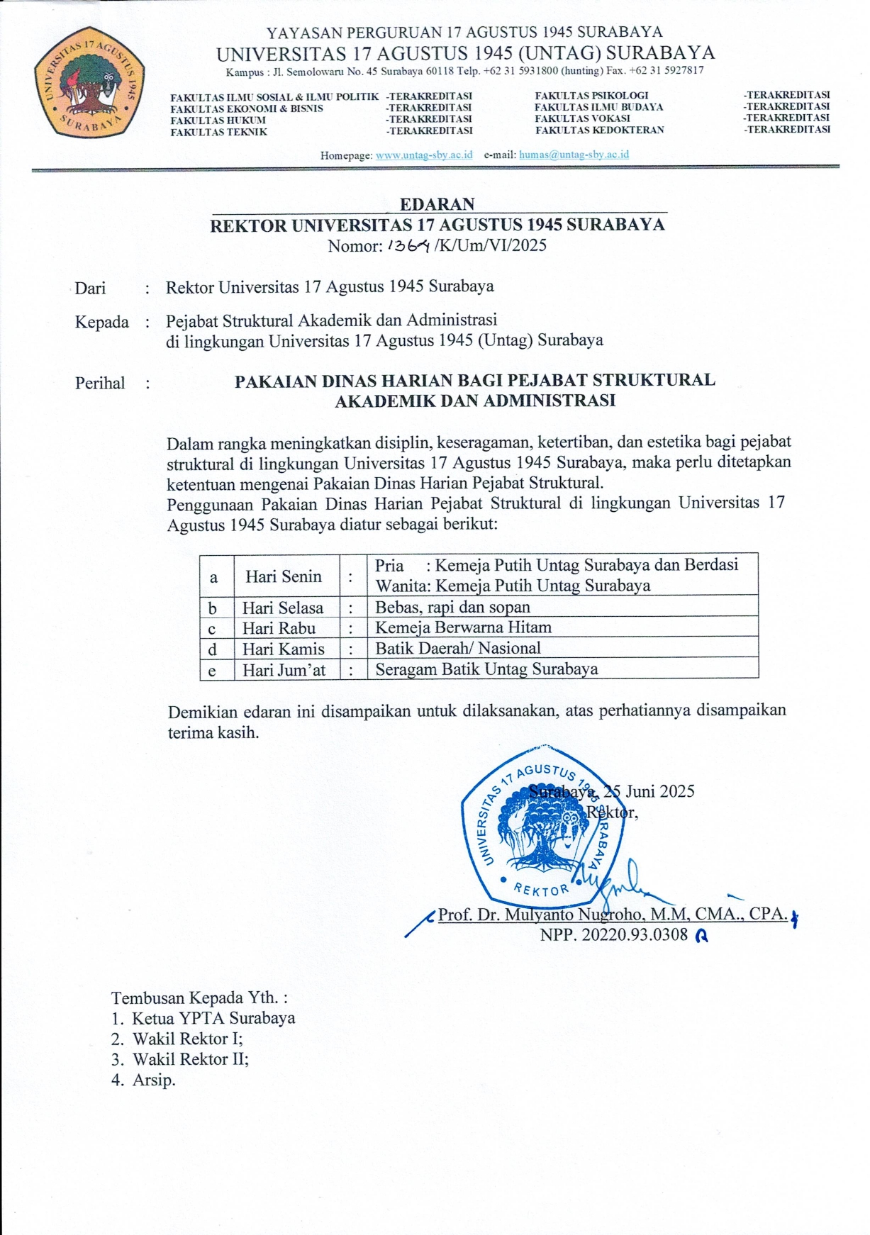 PENGUMUMAN PAKAIAN DINAS HARIAN BAGI PEJABAT STRUKTURAL AKADEMIK DAN ADMINISTRASI