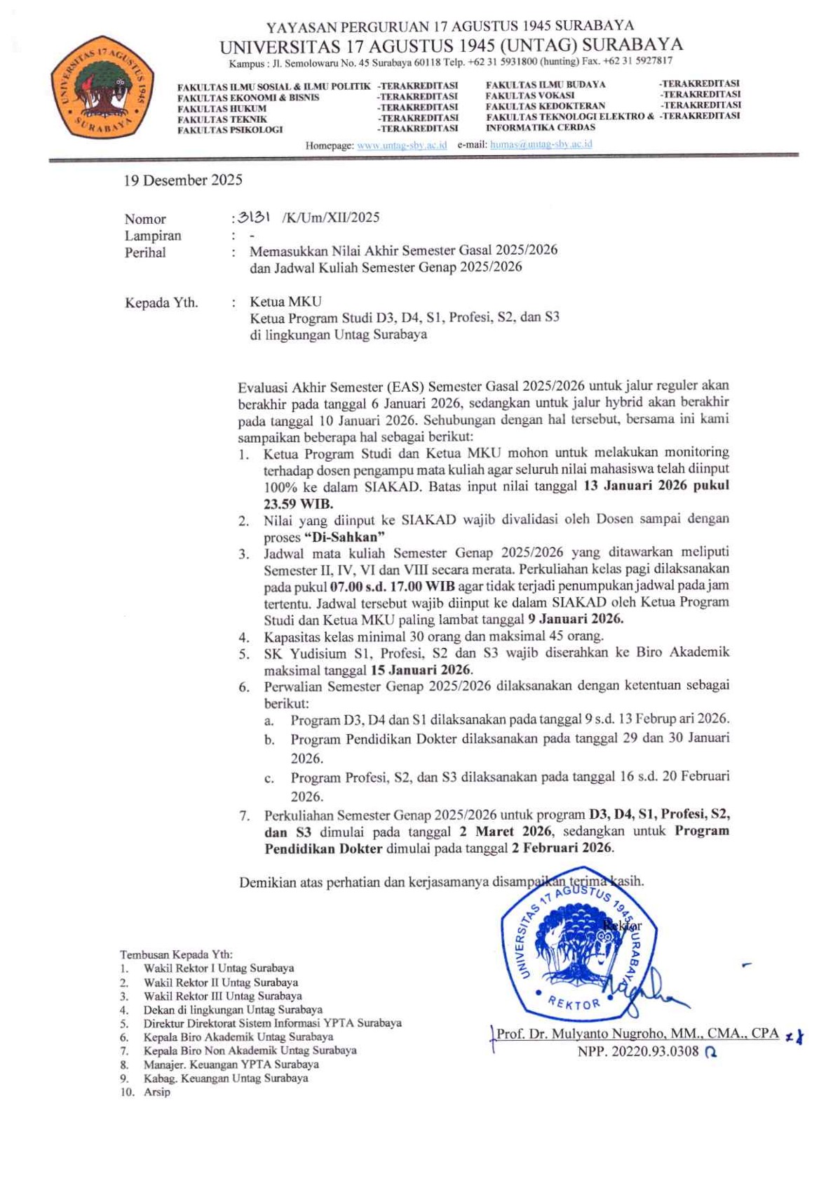 Pengumuman Memasukkan Nilai Semester Gasal 2025 2026 dan Jadwal Kuliah Semester Genap 2025 2026