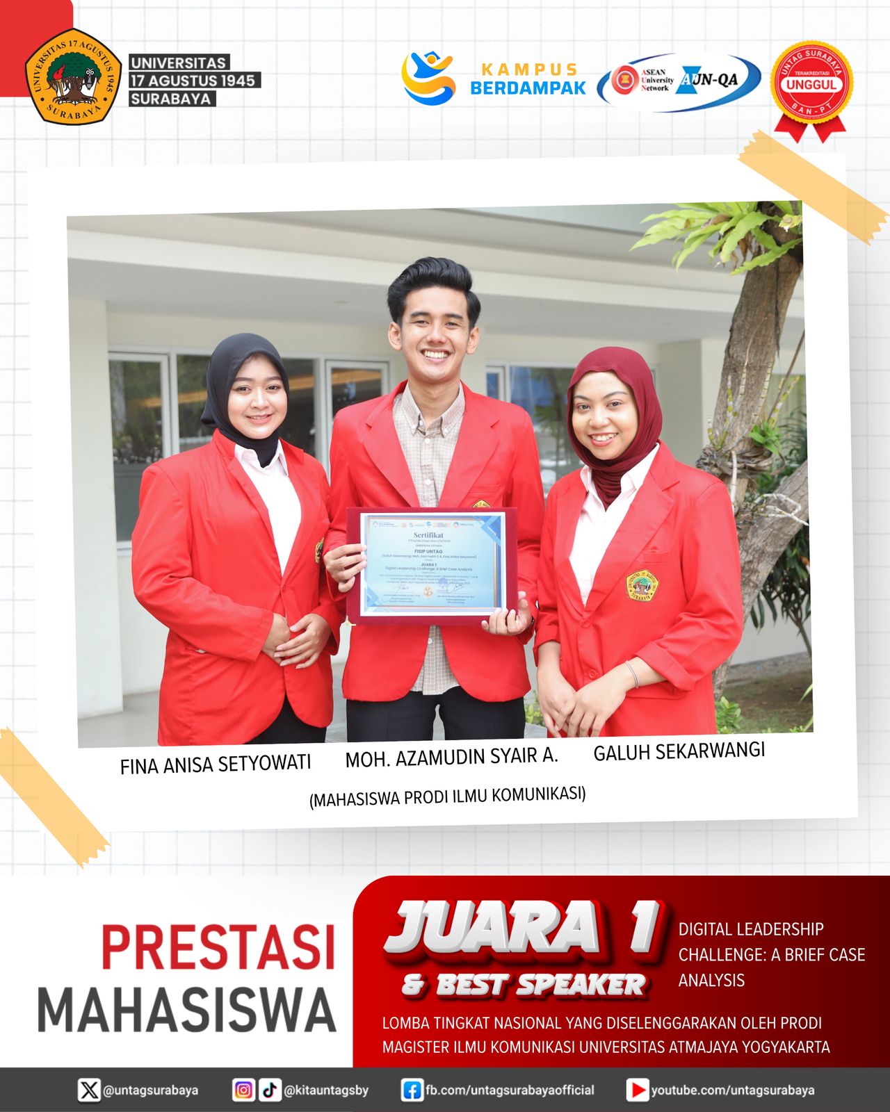 Mahasiswa Untag Surabaya Meraih Prestasi Juara 1 dan predikat Best Speaker pada ajang Digital Leadership Challenge: A Brief Case Analysis Tingkat Nasi
