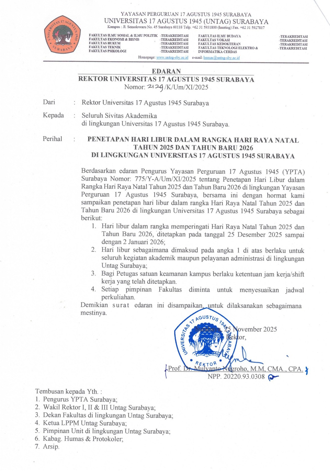 Edaran Libur Dalam Rangka Hari Raya Natal Tahun 2025 dan Tahun baru 2026