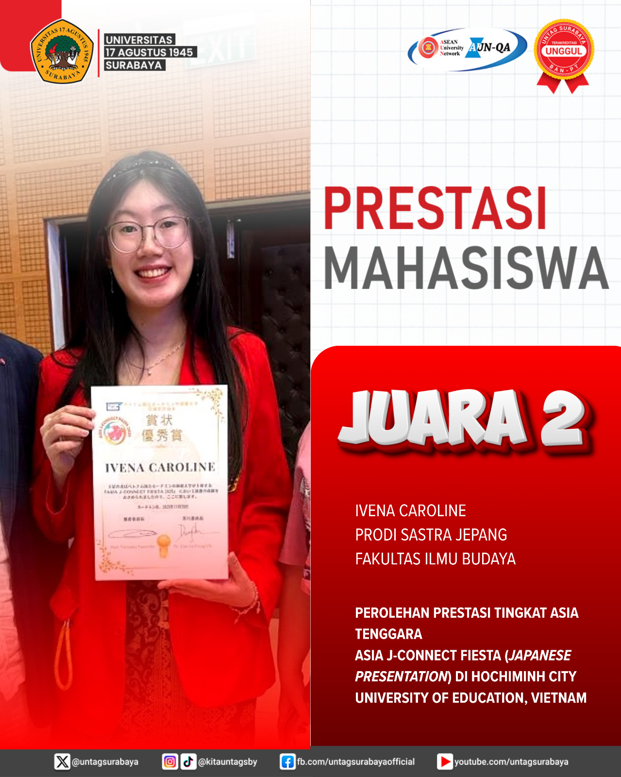Mahasiswa Universitas 17 Agustus 1945 Surabaya kembali memperoleh prestasi tingkat Asia Tenggara hasil dari kompetisi:  Asia J-connect Fiesta (Japanes