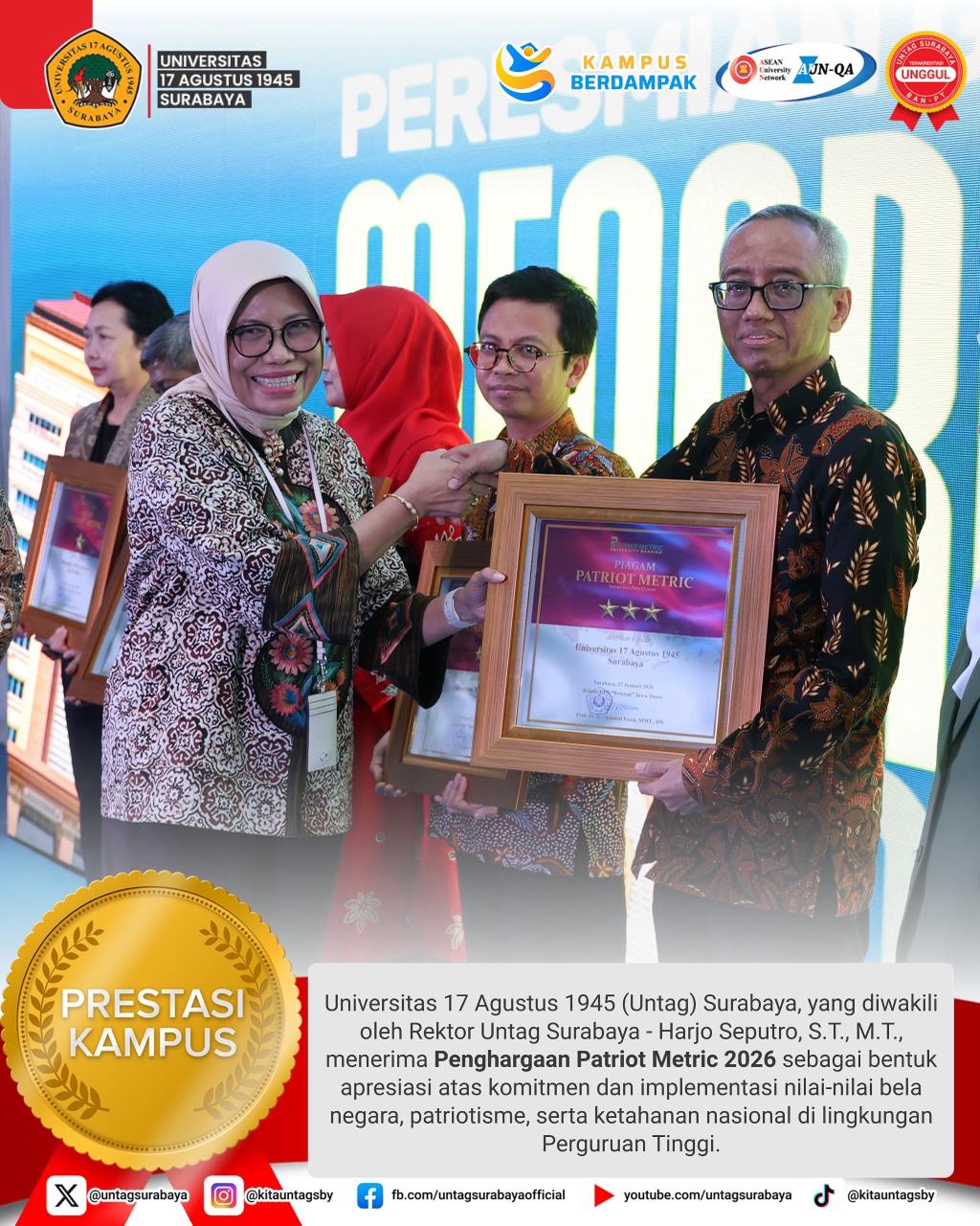 Untag Surabaya berhasil meraih Penghargaan Patriot Metric 2026