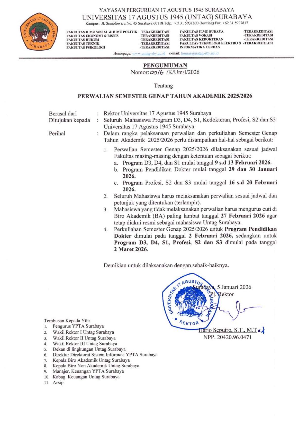 Pengumuman Perwalian Semester Genap 2025/2026