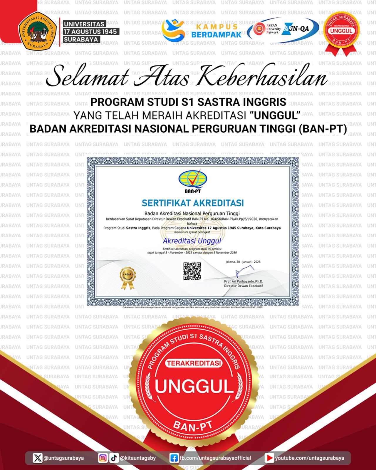 Selamat Program studi S1 Sastra Inggris Untag Surabaya Meraih Akreditasi Unggul dari BAN-PT
