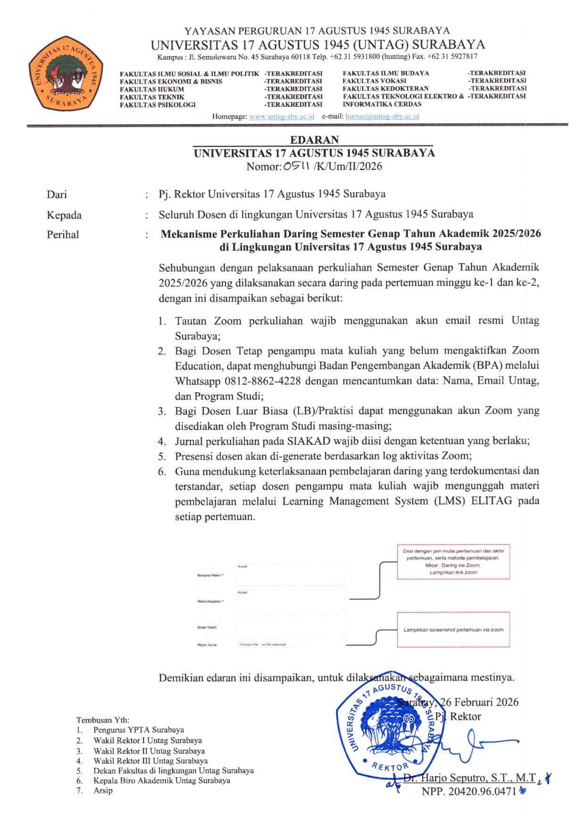 Edaran Rektor tentang Mekanisme Perkuliahan Daring Semester Genap 2025 2026