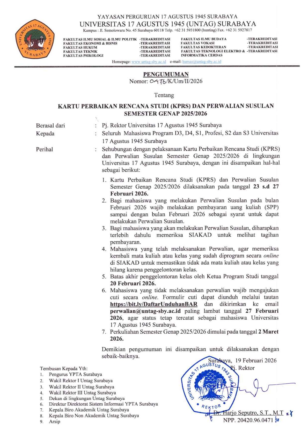 Pengumuman KPRS dan Perwalian Susulan Semester Genap 2025-2026