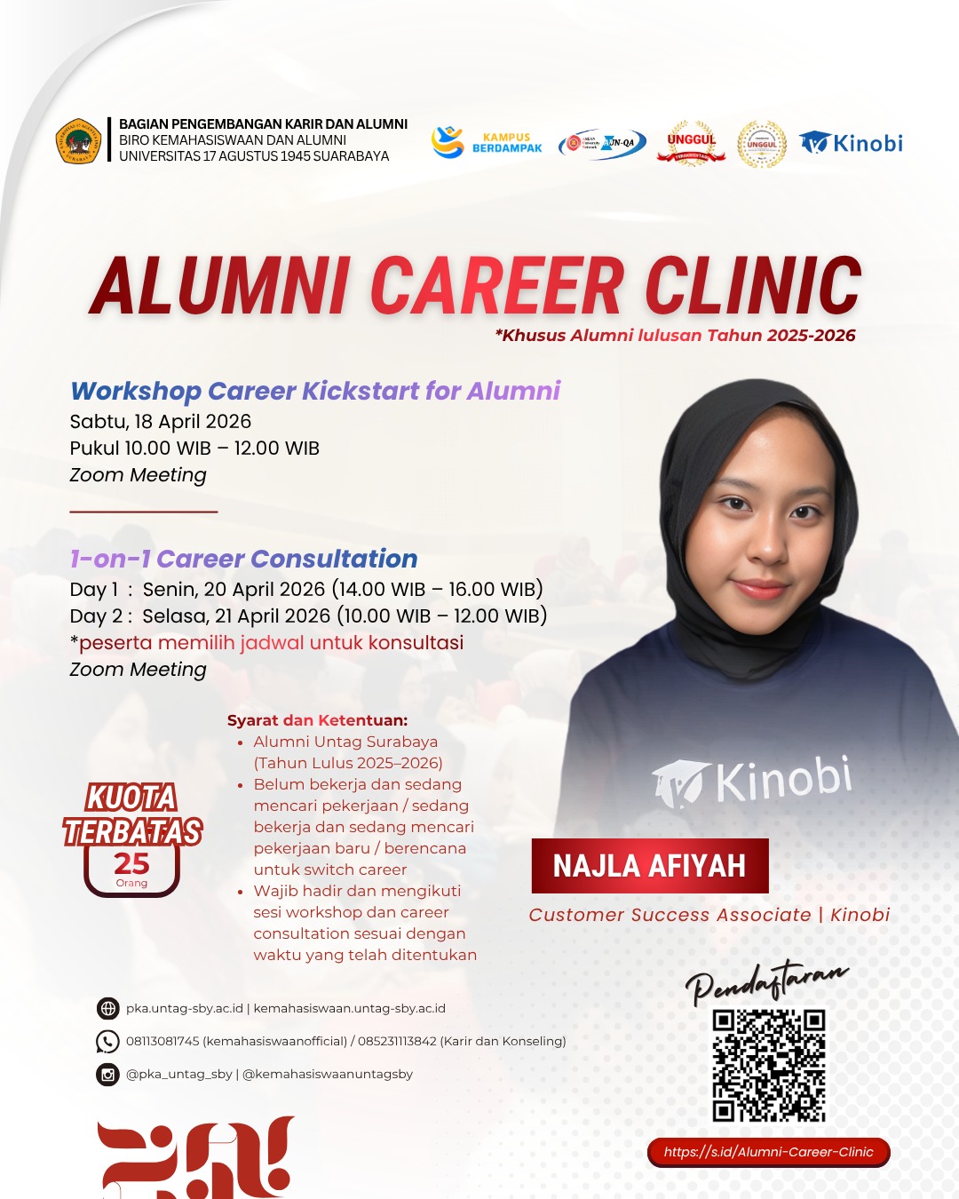 Untag Surabaya berkolaborasi dengan Kinobi mengadakan program Alumni Career Clinic