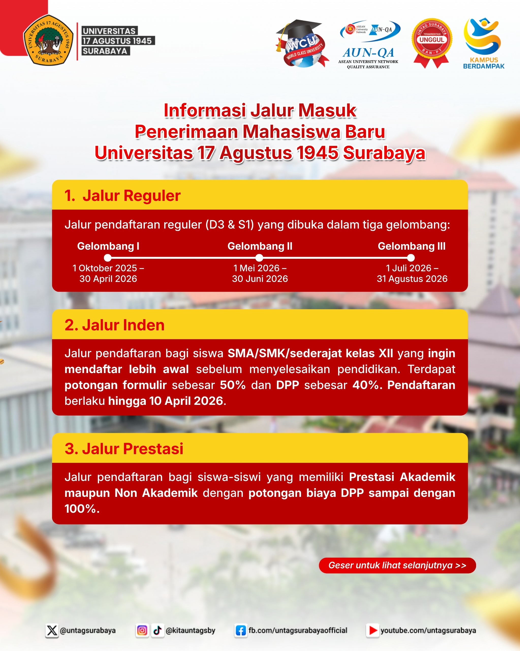 Informasi Jalur Penerimaan Mahasiswa Baru TA 2026/2027 Untag Surabaya