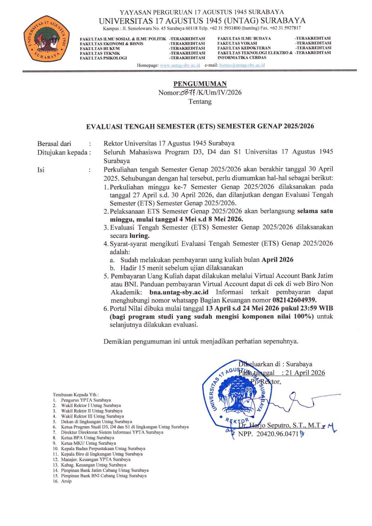 Pengumuman Evaluasi Tengah Semester (ETS) Semester Genap 2025 2026