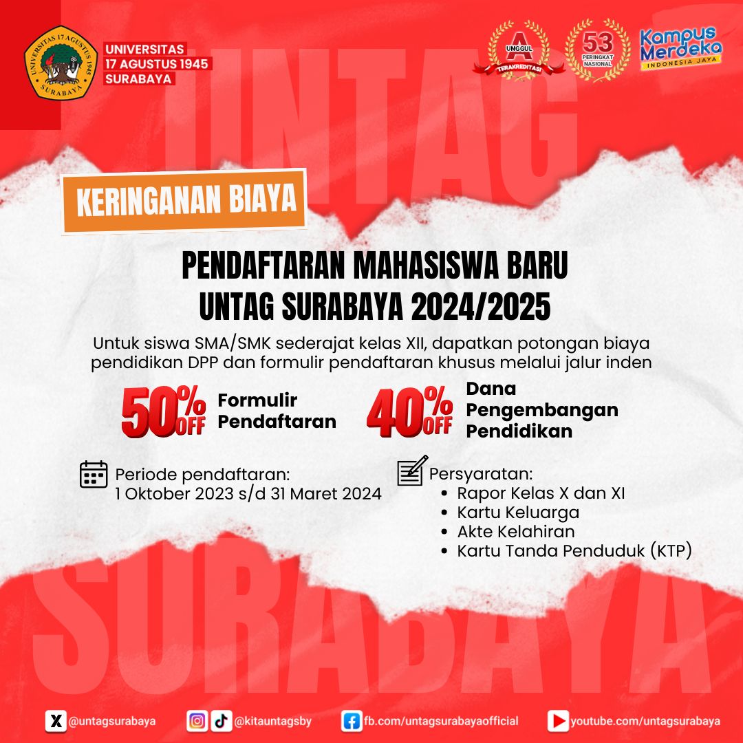 Informasi Pendaftaran Mahasiswa Baru Untag Surabaya TA 2024/2025 Jalur Inden