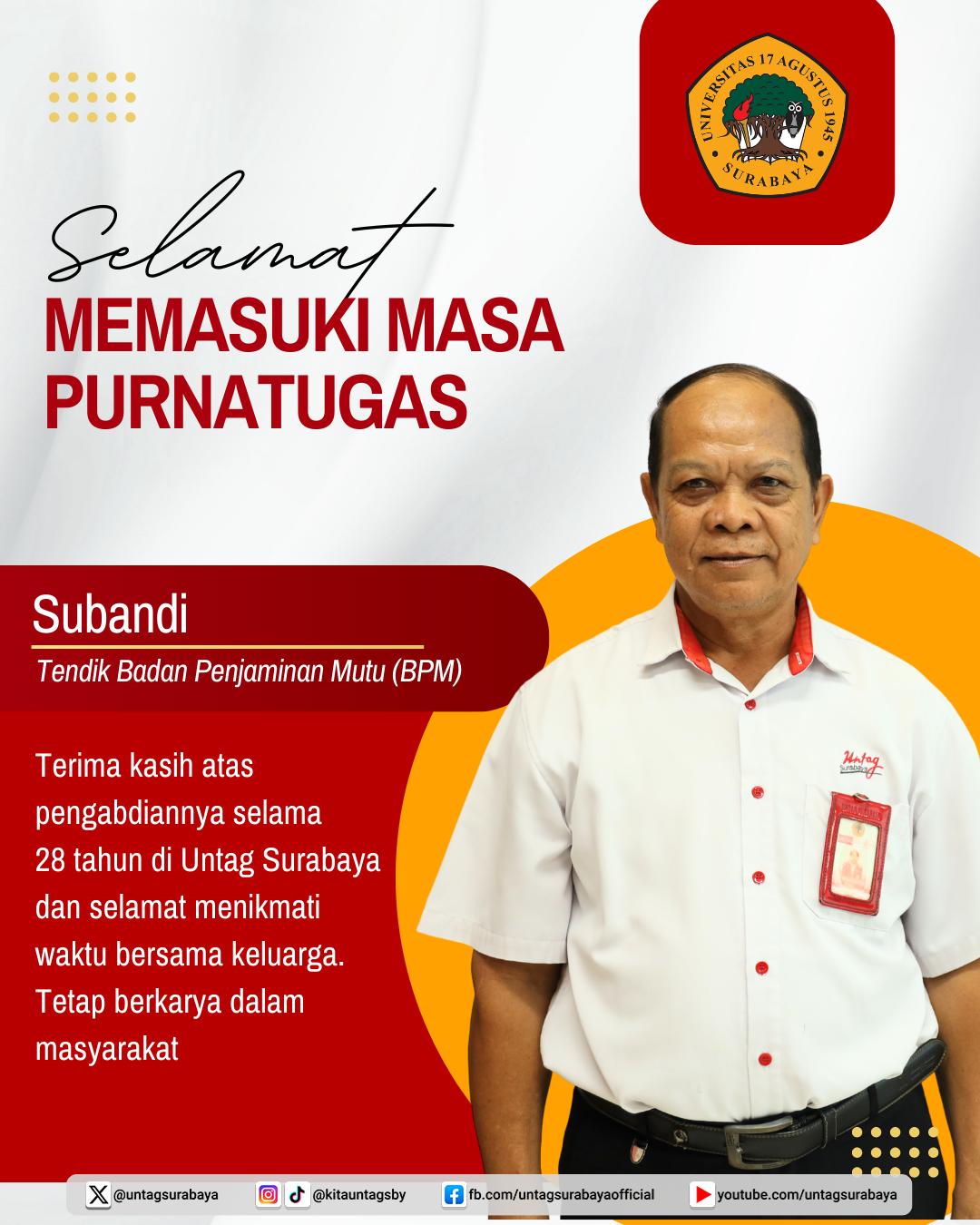 Selamat Kepada Bapak Subandi Tendik BPM Yang Telah Memasuki Masa Purnatugas
