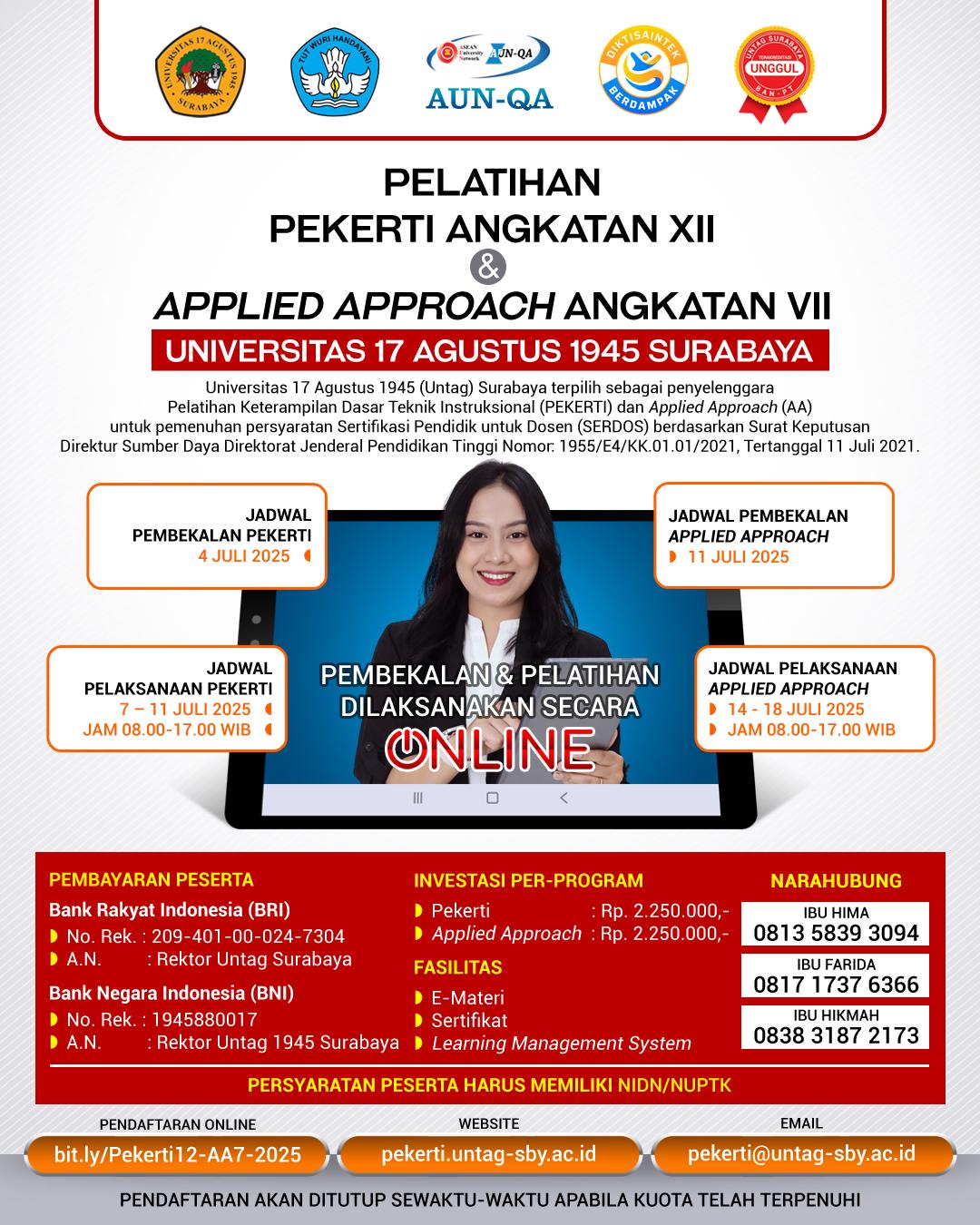 Informasi Pelatihan PEKERTI dan APPLIED APPROACH Pelaskanaan Bulan Juli 2025 Di Untag Surabaya