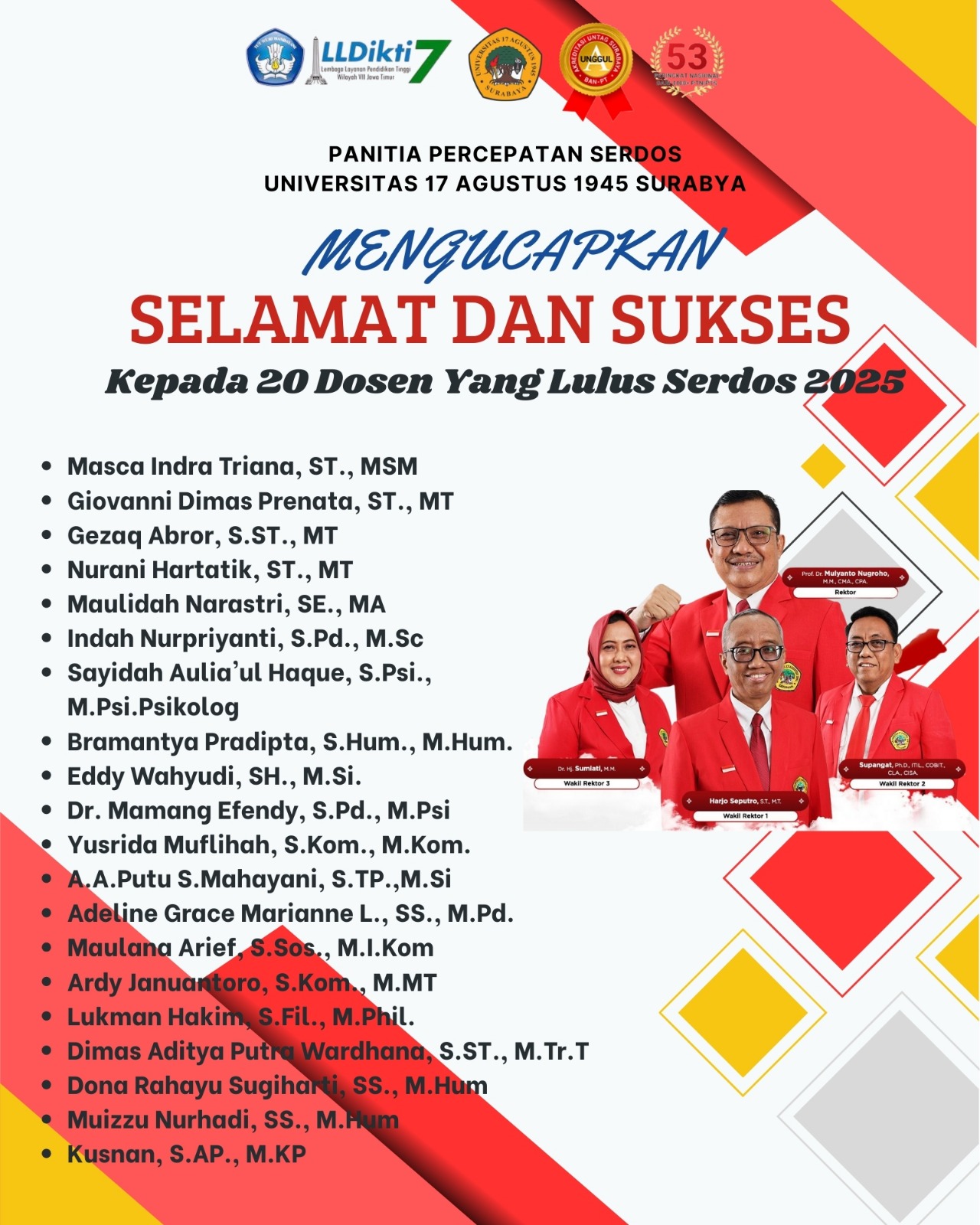 20 Dosen Untag Surabaya Dinyatakan Lulus Sertifikasi Dosen pada Gelombang I Tahun 2025 