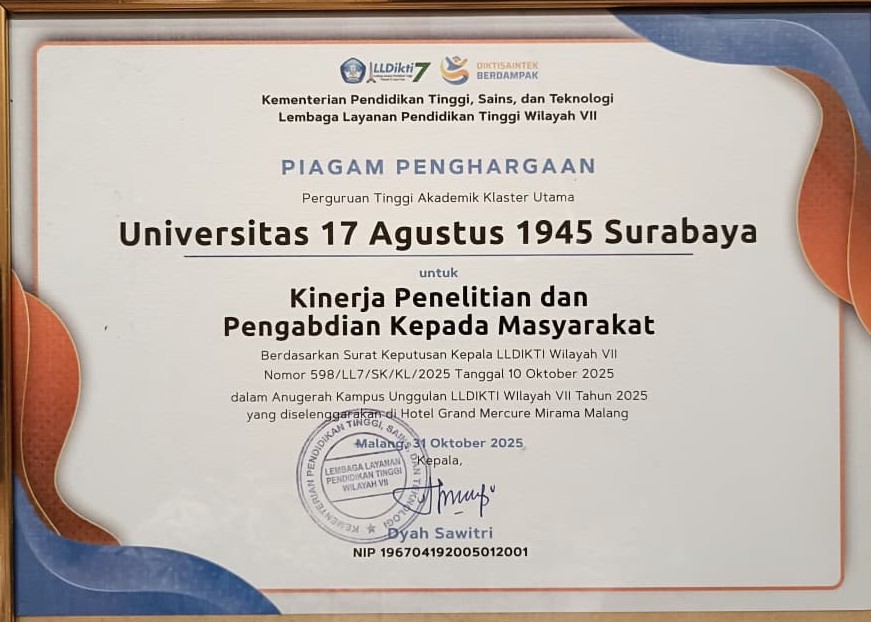Untag Surabaya Mendapatkan Penghargaan dari LLDIKTI VII atas Kinerja Penelitian dan Pengabdian kepada Masyarakat Perguruan Tinggi Akademik Kluster Uta